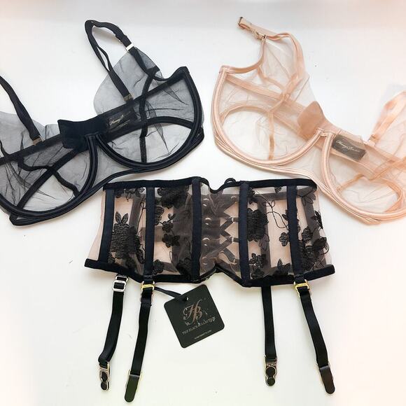Honey Birdette Black Alice Suspender & Nakeds Sheer Bralette NWT Bundle Size 30H - Picture 1 of 16